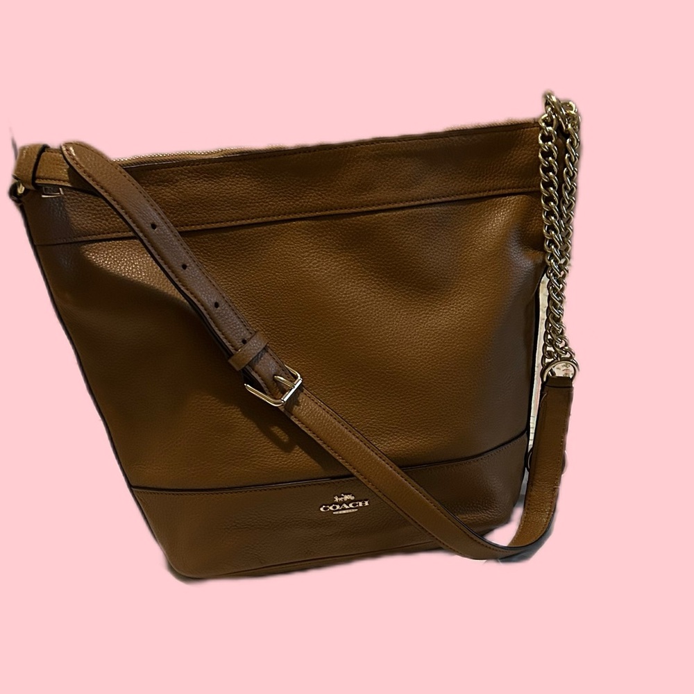 Coach Paxton Duffle Brown Leather Shoulder Bag with Gold Chain